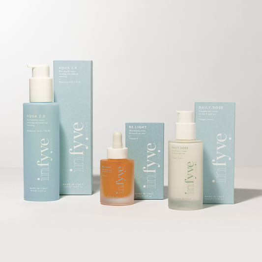 Set per routine viso ILLUMINANTE. Include detergente micellare AQUA 2.0, siero illuminante RE.LIGHT e crema rimpolpante DAILY.DOSE