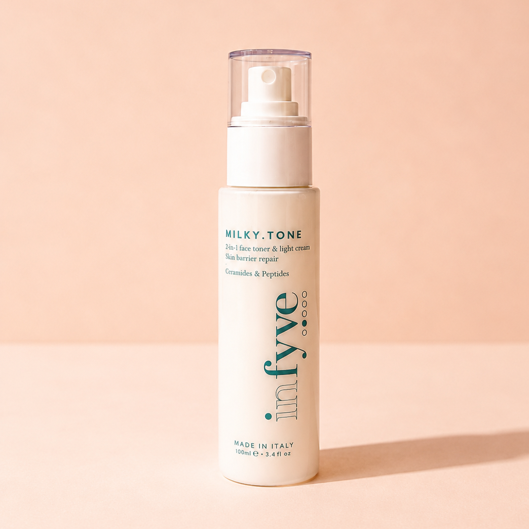 Flacone MILKY.TONE INFYVE su sfondo rosa cipria