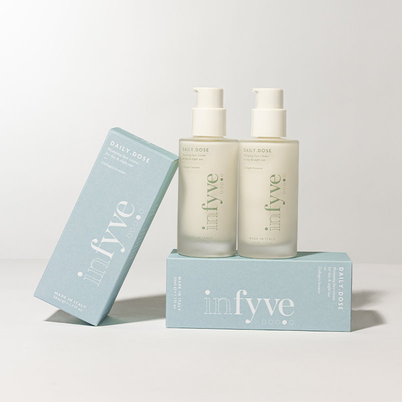 DAILY.DOSE INFYVE set skincare con flaconi e packaging