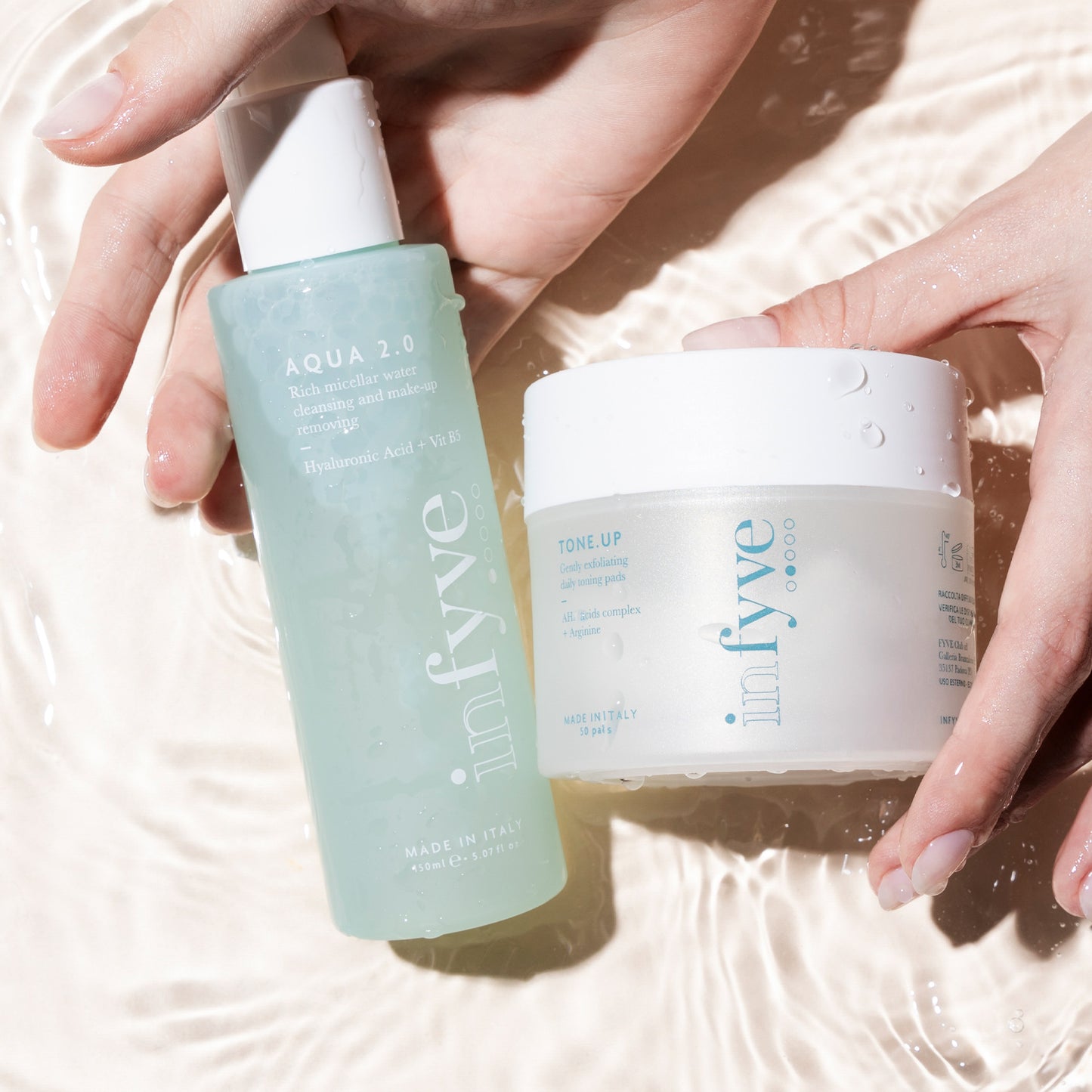Composizione INFYVE Cleanse + Tone Set – detergente micellare AQUA 2.0 e tonico esfoliante TONE.UP