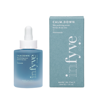 CALM.DOWN Skin Perfecting Serum INFYVE Beauty 30ml – flacone blu e confezione azzurra, Niacinamide Made in Italy