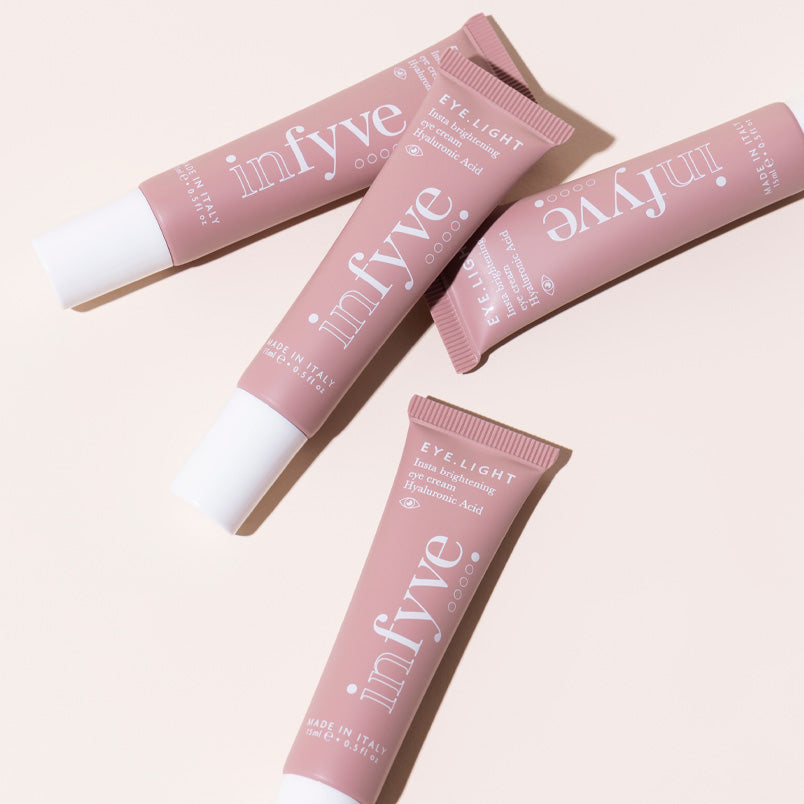 EYE.LIGHT Contorno Occhi Illuminante INFYVE Beauty – quattro tubi rosa con Caffeina e Acido Ialuronico, Made in Italy 15ml