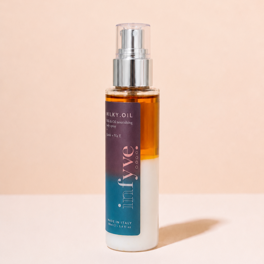 MILKY.OIL Body Spray INFYVE Beauty – texture olio dorato visibile, Karité e Vitamina E 100ml