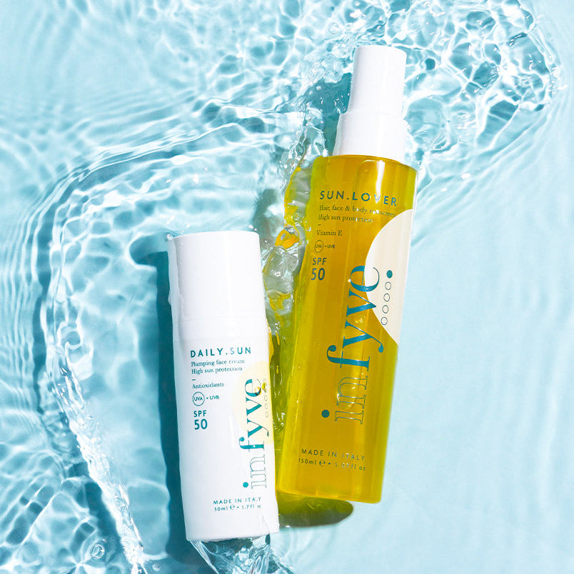SUMMER SET INFYVE – crema viso rimpolpante e spray solare bifasico SPF50