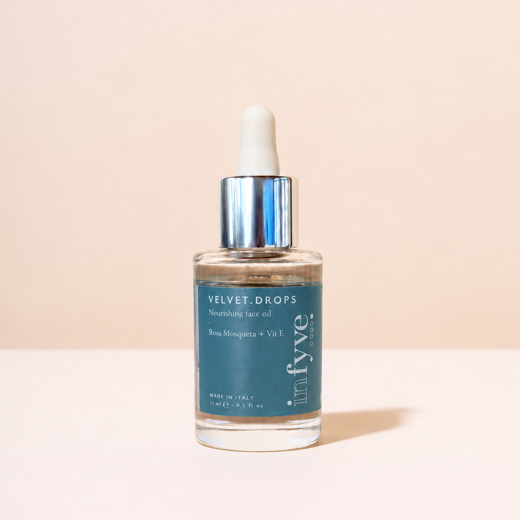 VELVET.DROPS Olio Viso Nutriente con Rosa Mosqueta e Vitamina E – INFYVE Beauty, Made in Italy 15ml