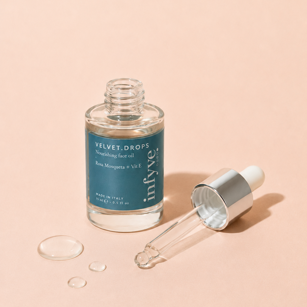 VELVET.DROPS INFYVE Beauty – texture olio leggero con gocce visibili, Rosa Mosqueta e Vitamina E